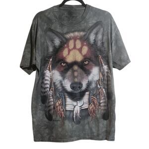 Vintage The Mountain Tribal Wolf Fox Indian Mens T-Shirt Sz L Green 100% Cotton